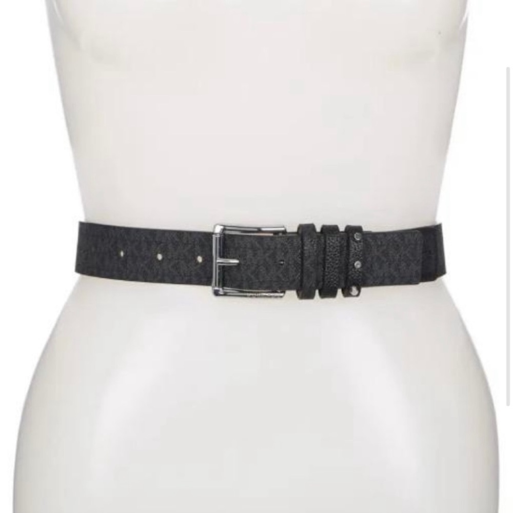 MICHAEL KORS BELT BLACK WITH PRINTED MK LOGO TRIPLE BELT LOOP W/ STUDS BLK - Picture 8 of 13